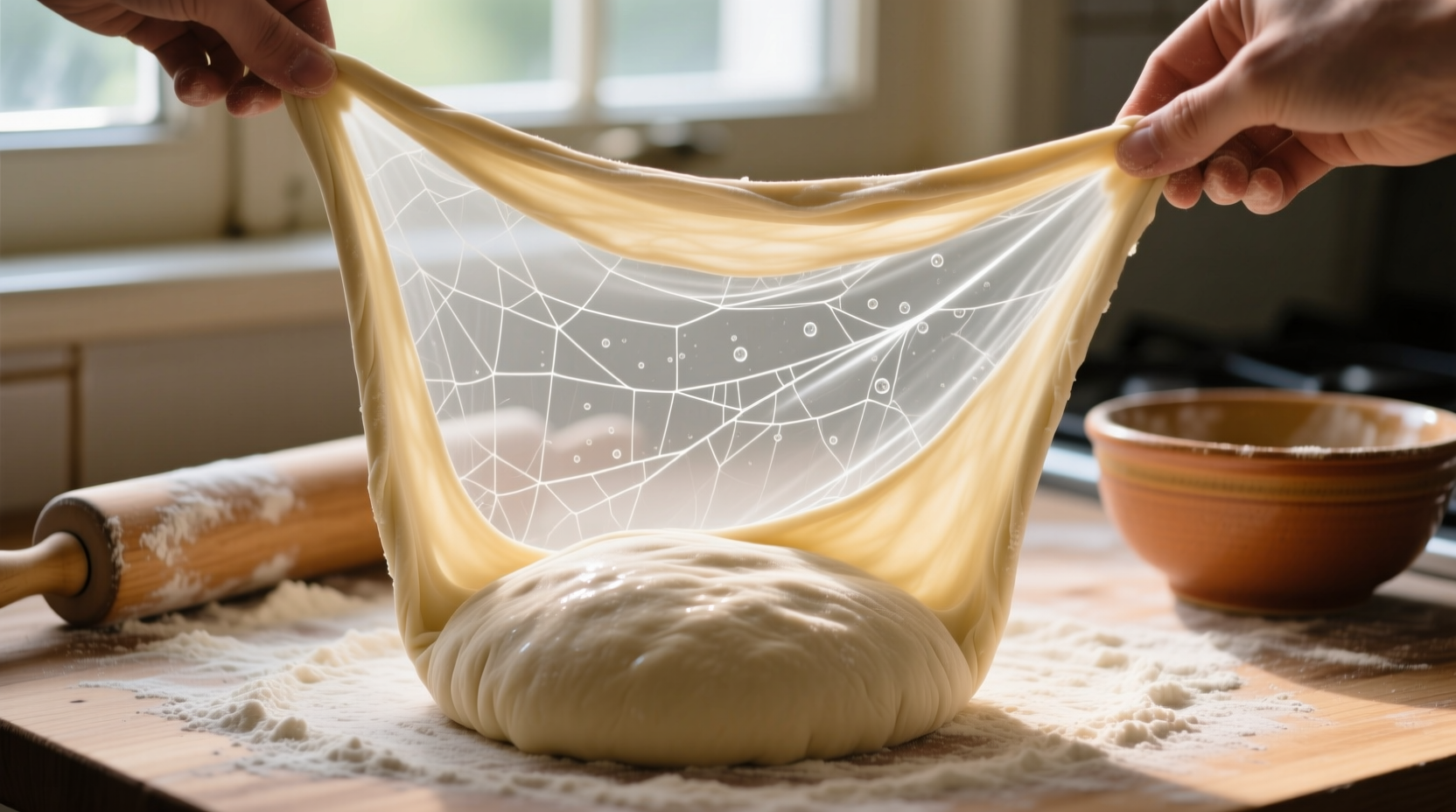 Smooth elastic dough passing the windowpane test for homemade rolls