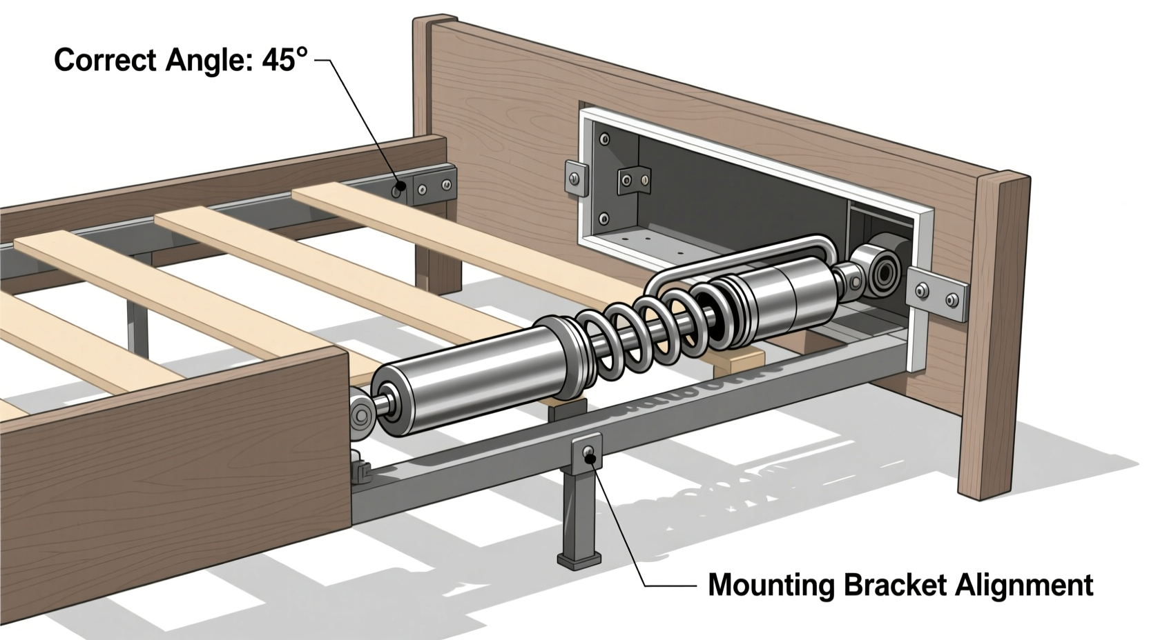 Hidden bed gas spring installation showing correct angle