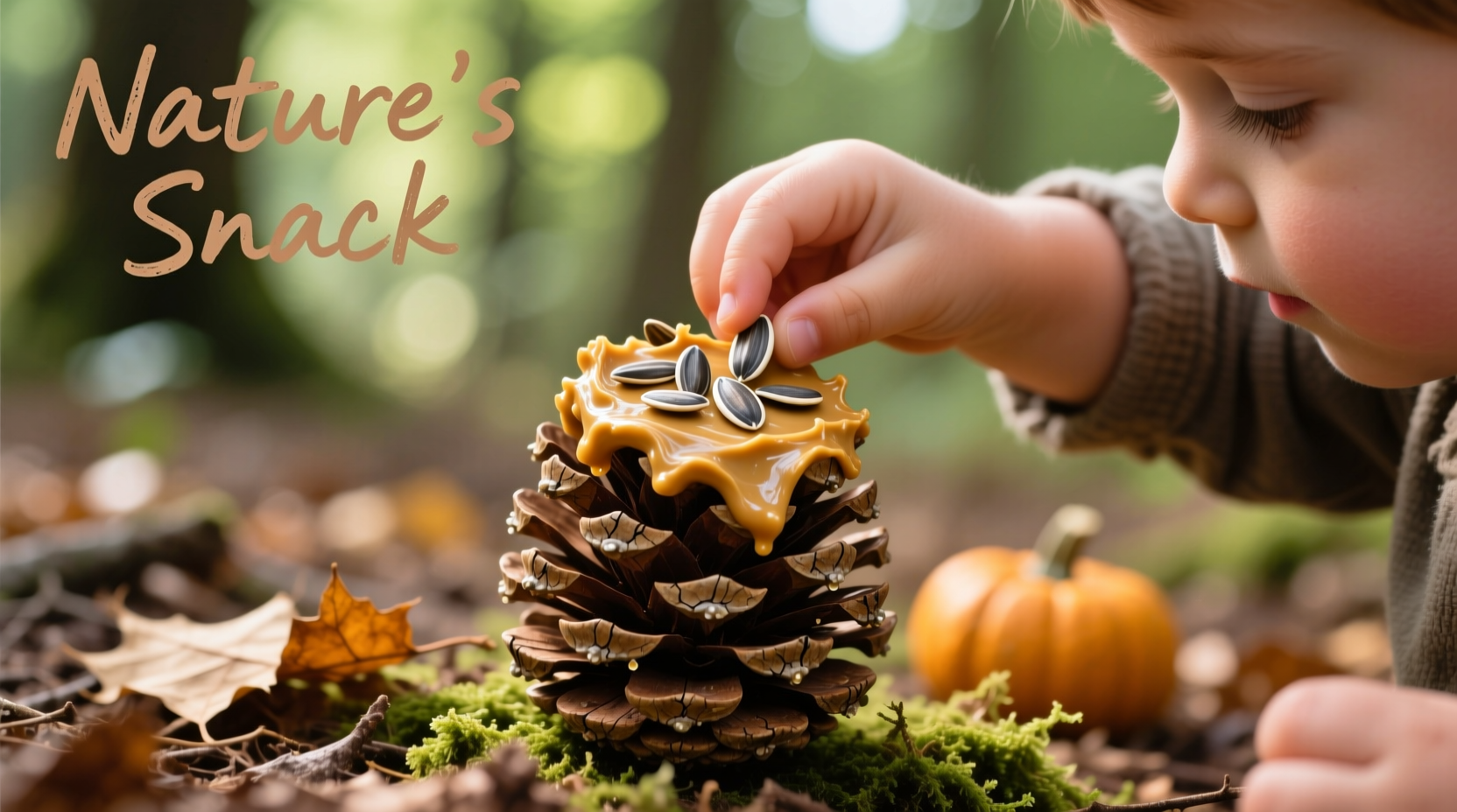 Child placing seeds on pine cone coated with peanut butter