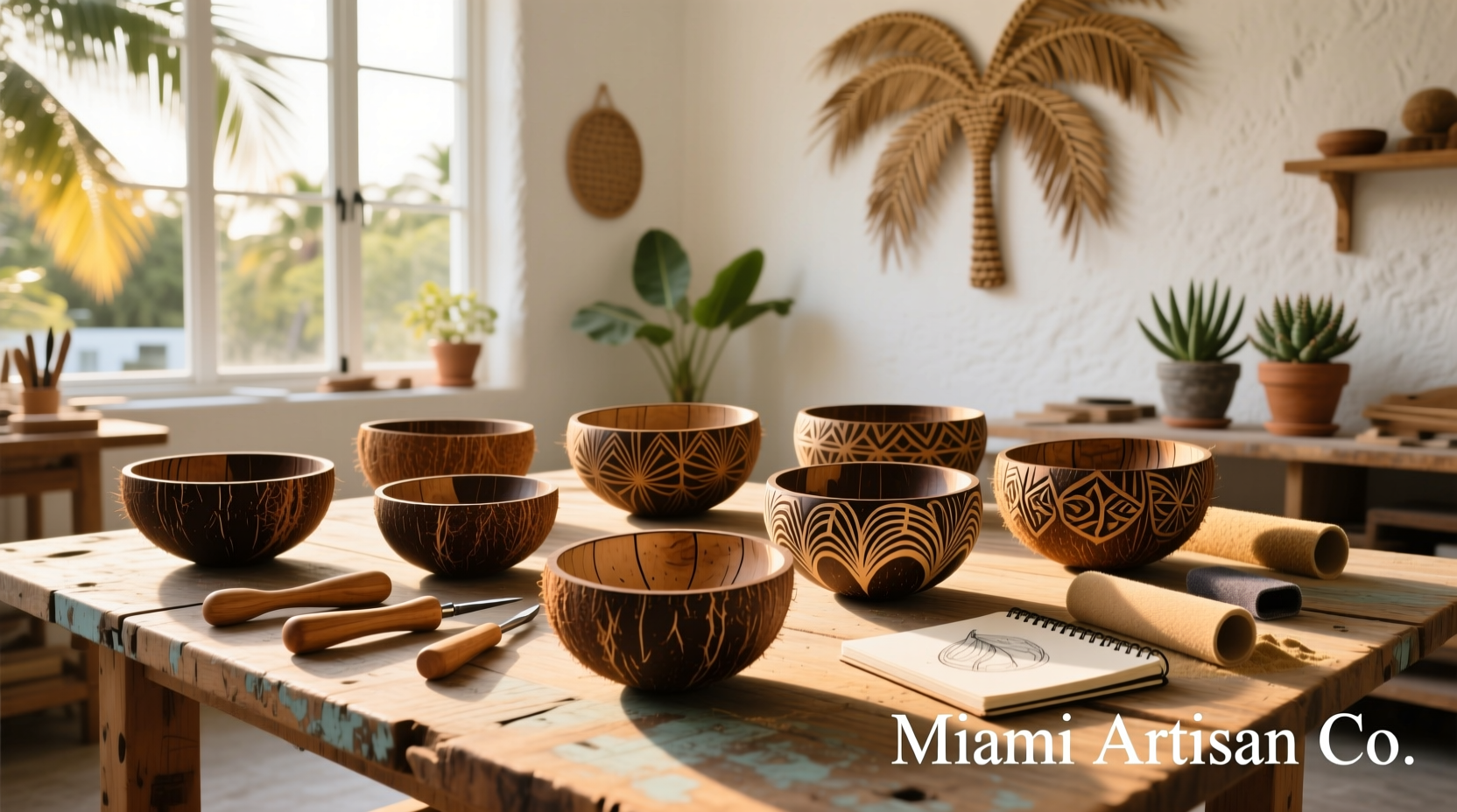 Handcrafted coconut shell bowls in Miami studio