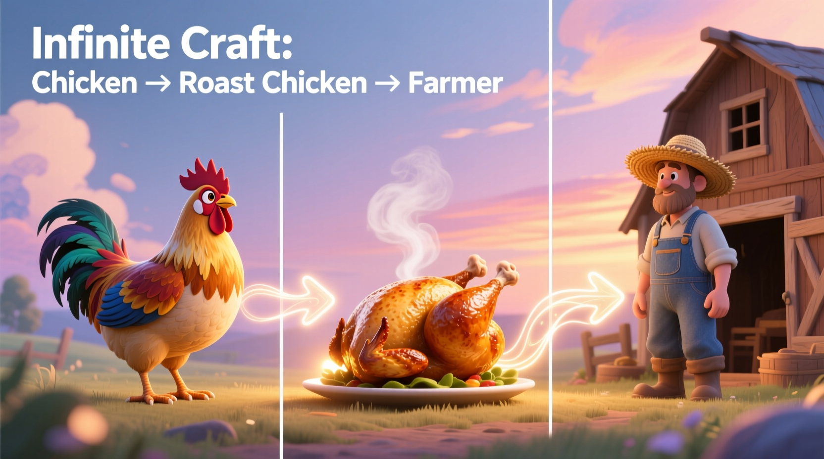 Infinite Craft progression using chicken to create roast chicken and farmer