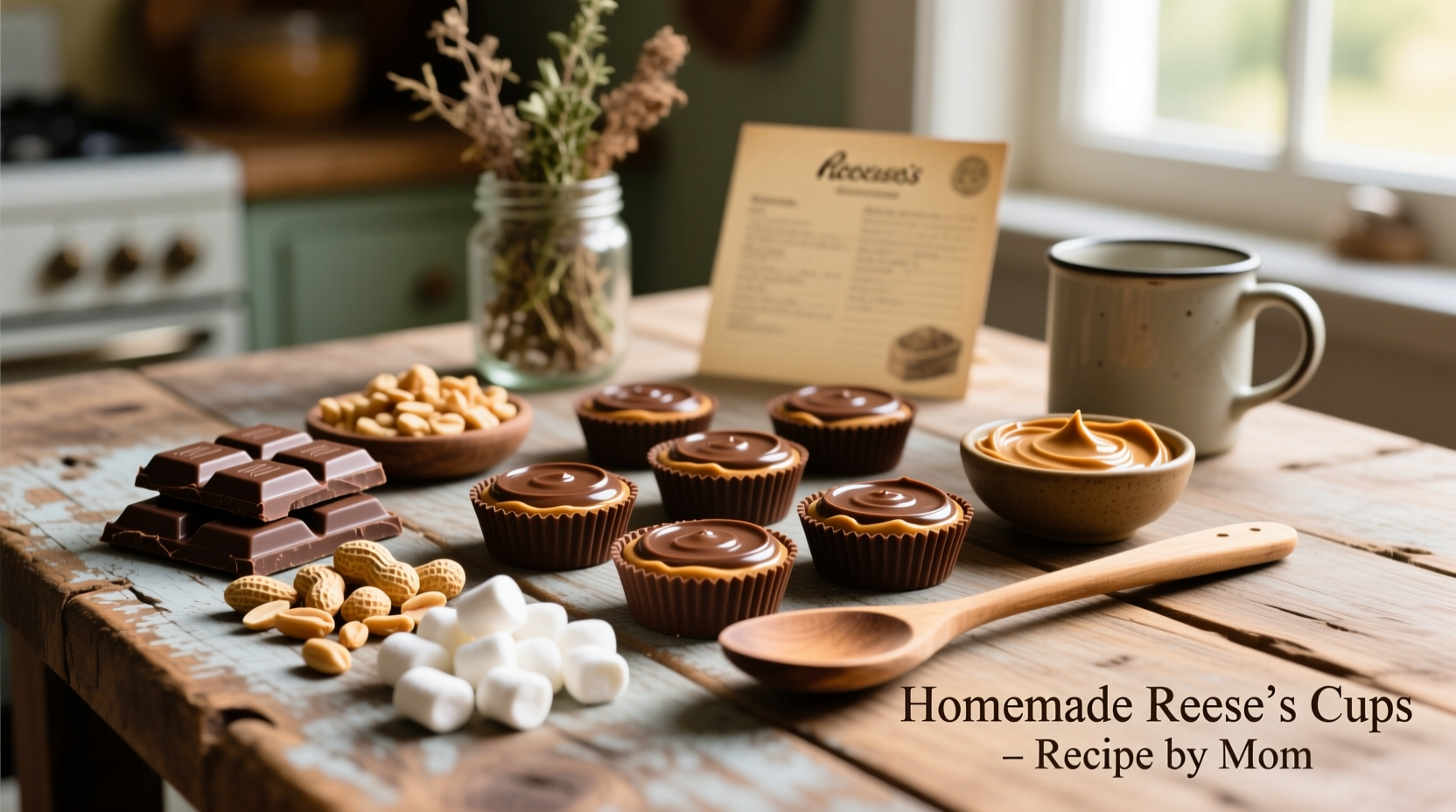 Homemade Reese's cups ingredients on wooden table