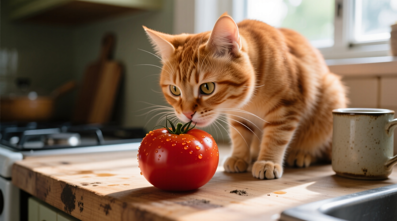 Cat cautiously sniffing a ripe red tomato on kitchen counter