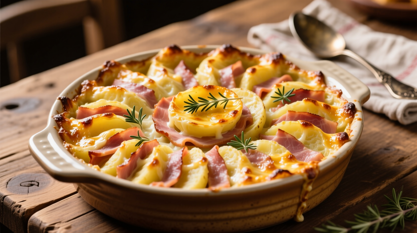 Golden baked scalloped potatoes with ham layers