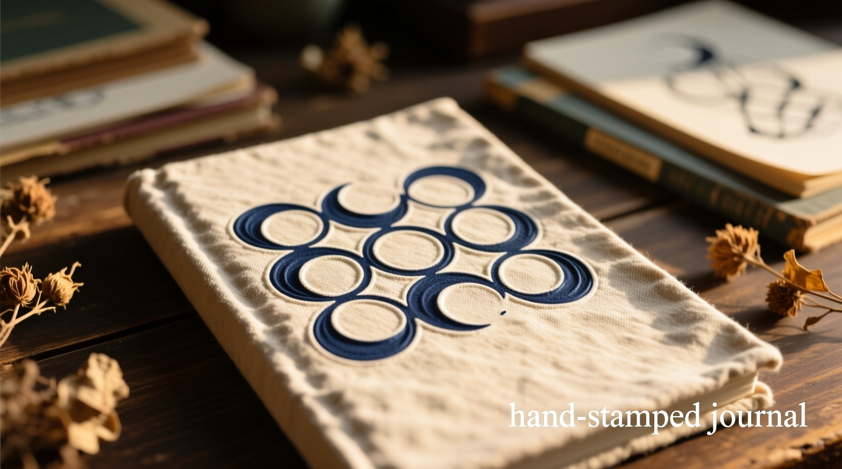 Rubber stamp creating pattern on fabric journal cover