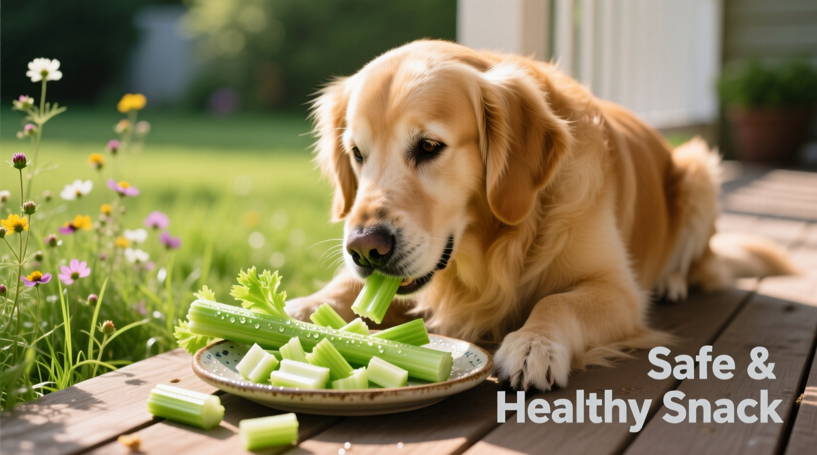 Golden Retriever safely eating chopped celery pieces