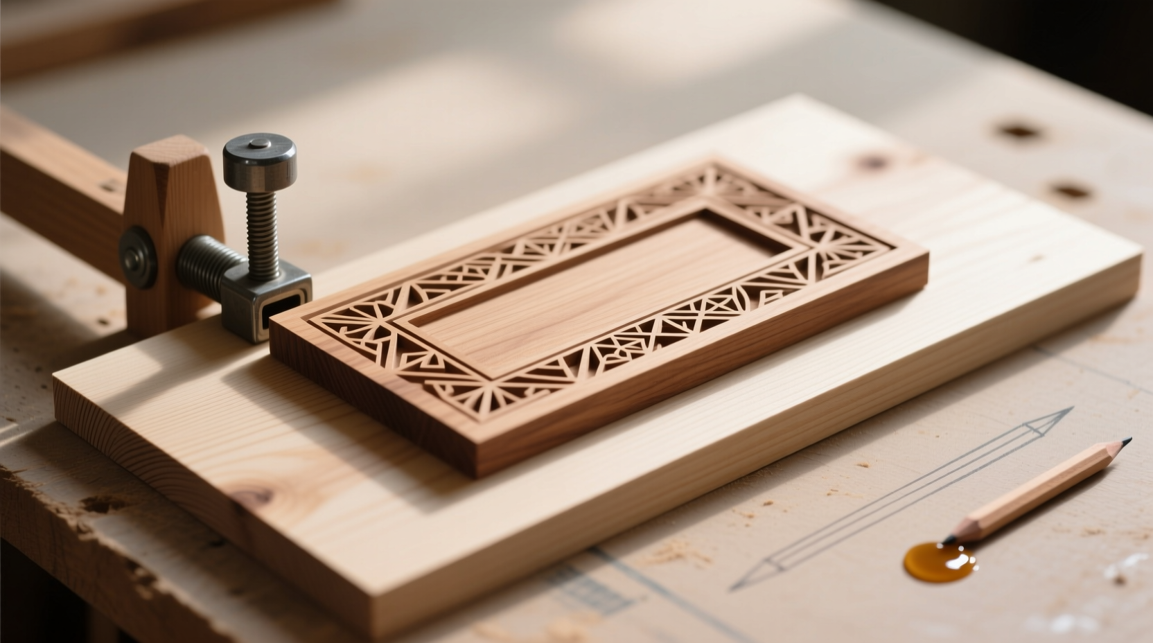 Clamped wooden craft project between flat boards