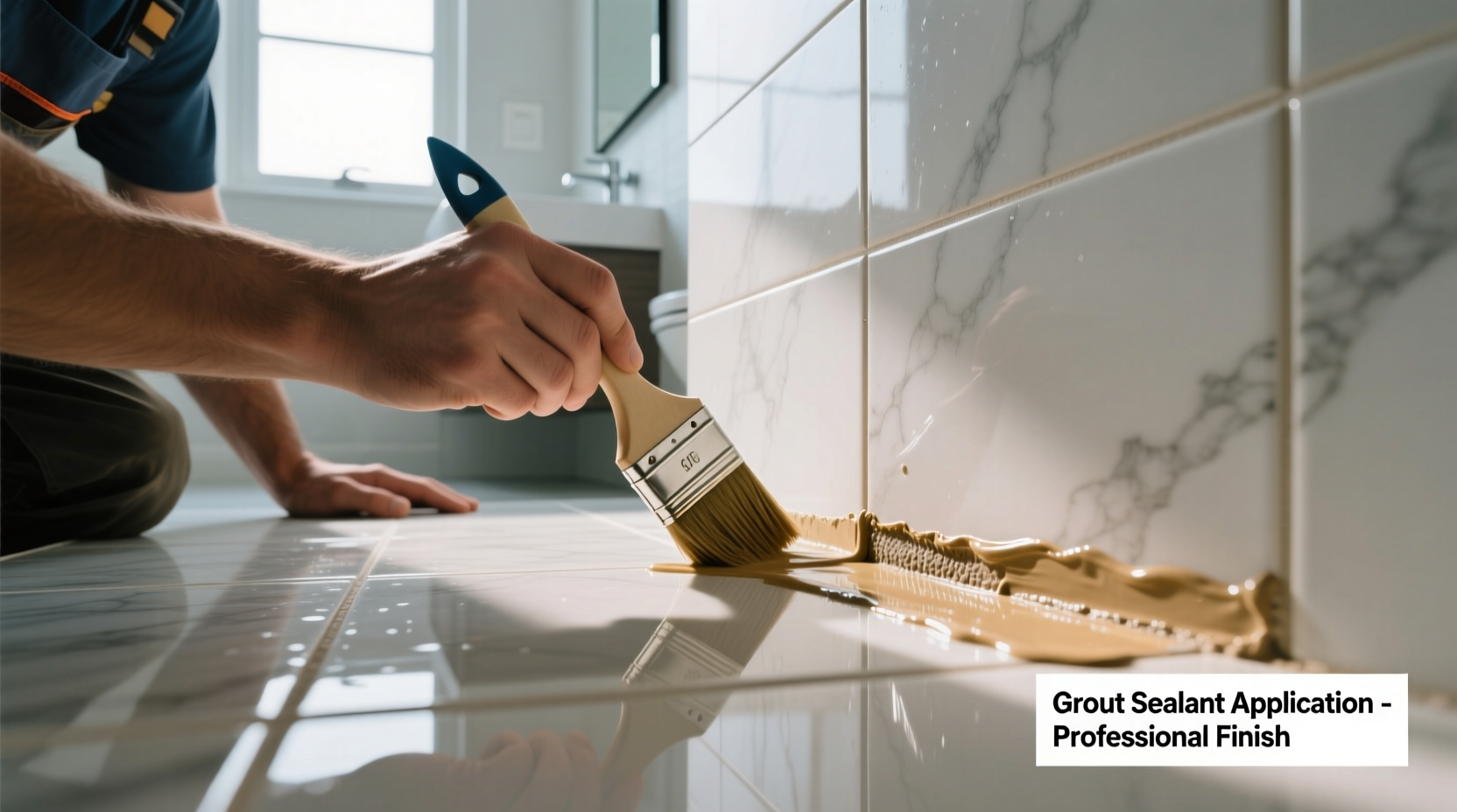 Professional grout sealing process on bathroom tiles