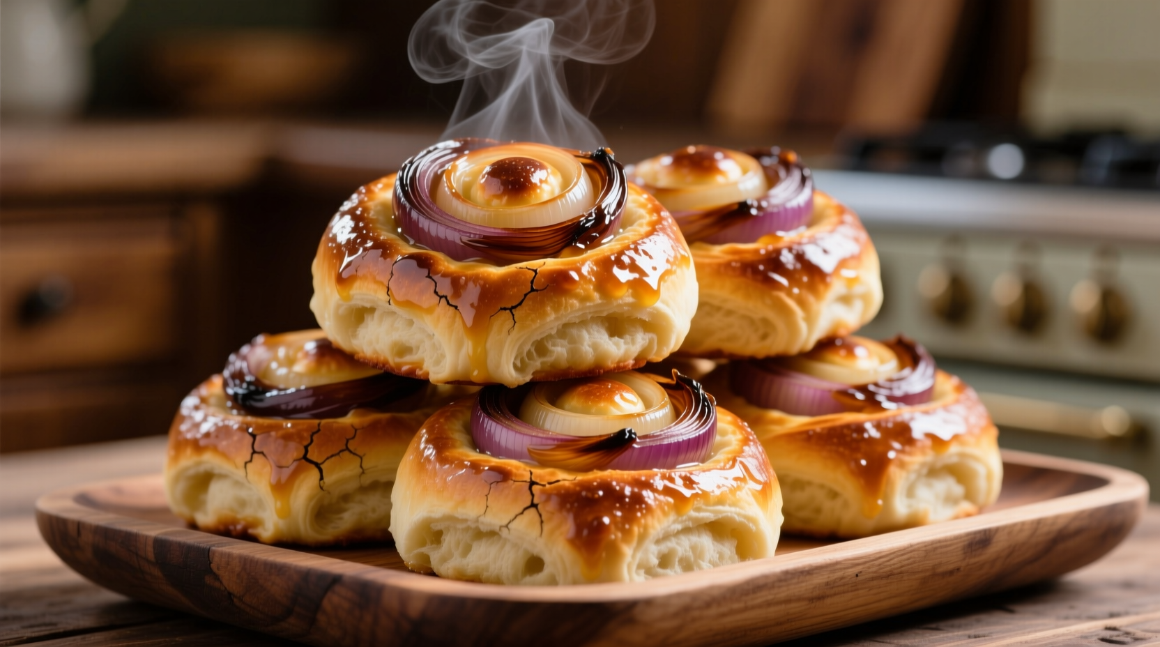 Freshly baked onion buns with golden caramelized topping