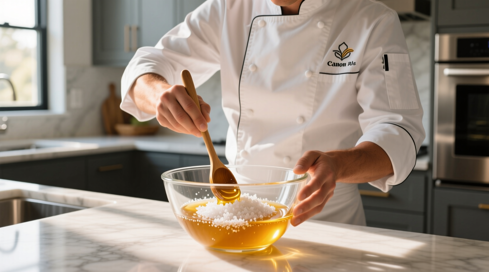 Chef mixing raw honey and sea salt in glass bowl, demonstrating the 1:4 ratio for salad dressings