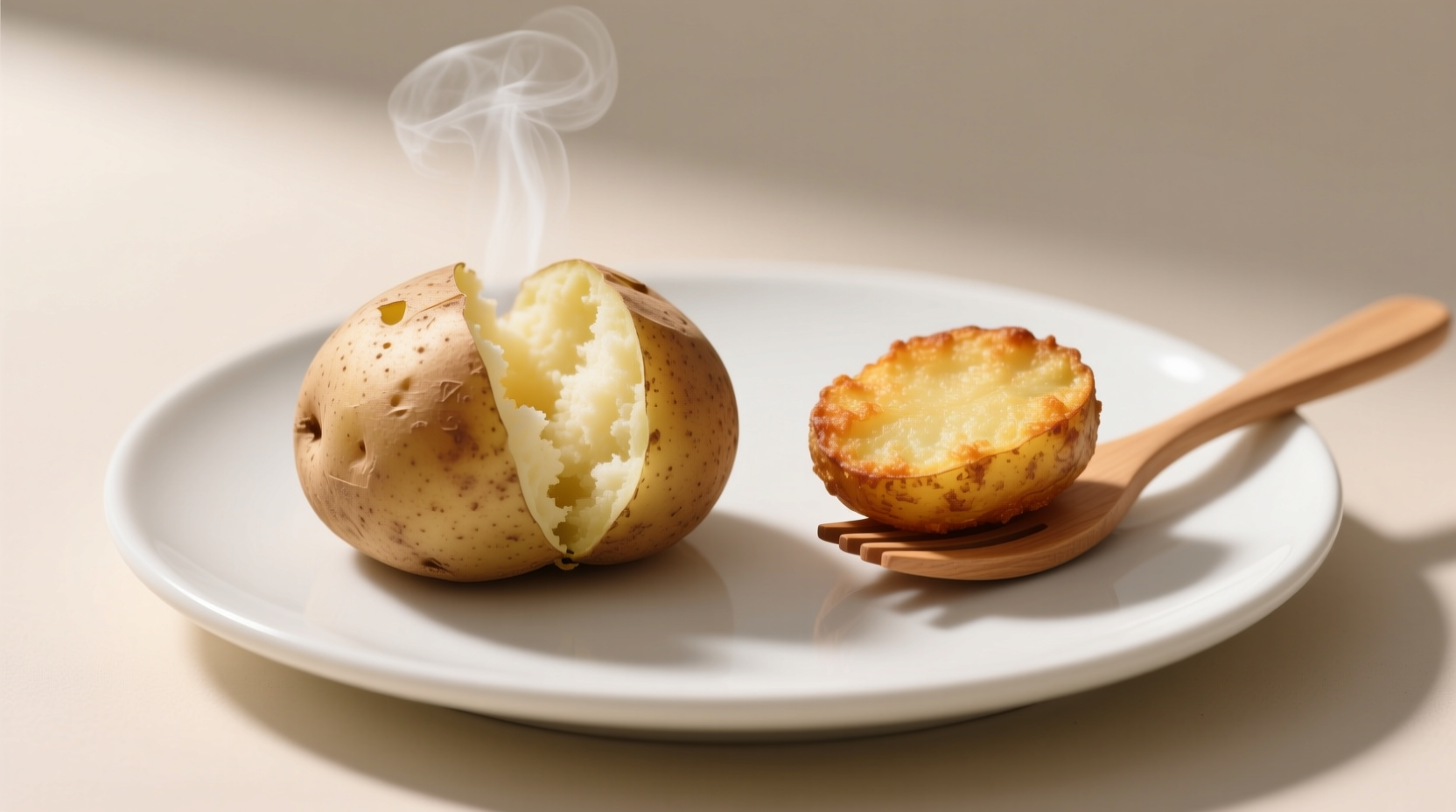 161-calorie baked potato portion vs 365-calorie fried alternative showing size difference for diet tracking