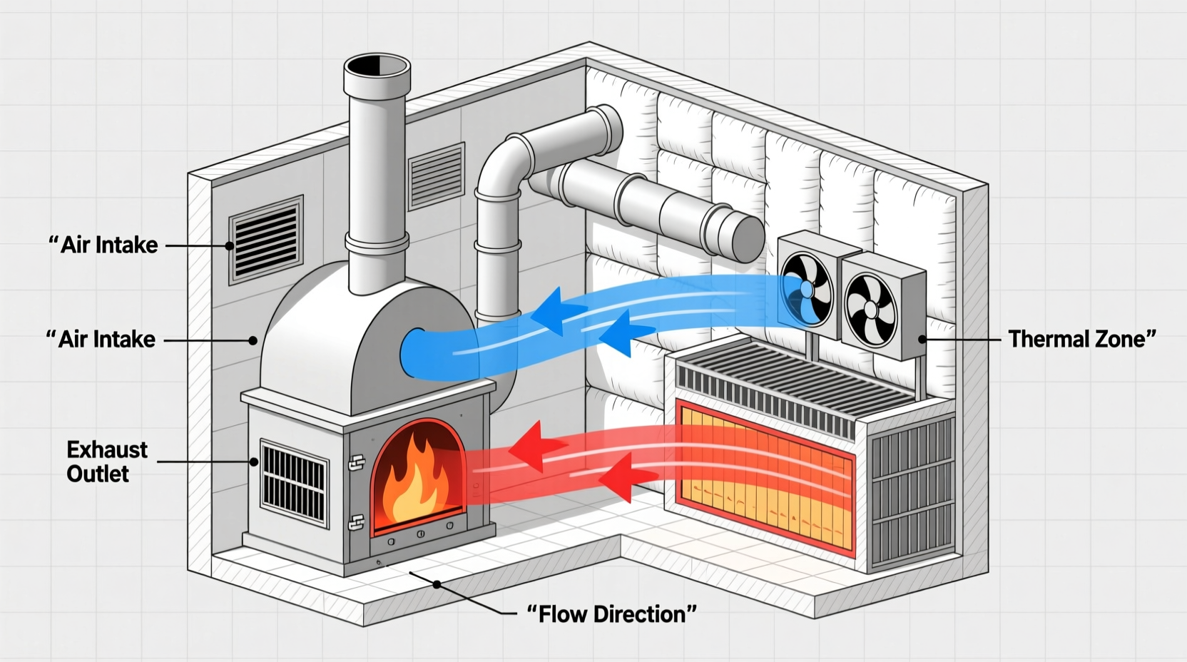 Smokehouse ventilation diagram with airflow arrows