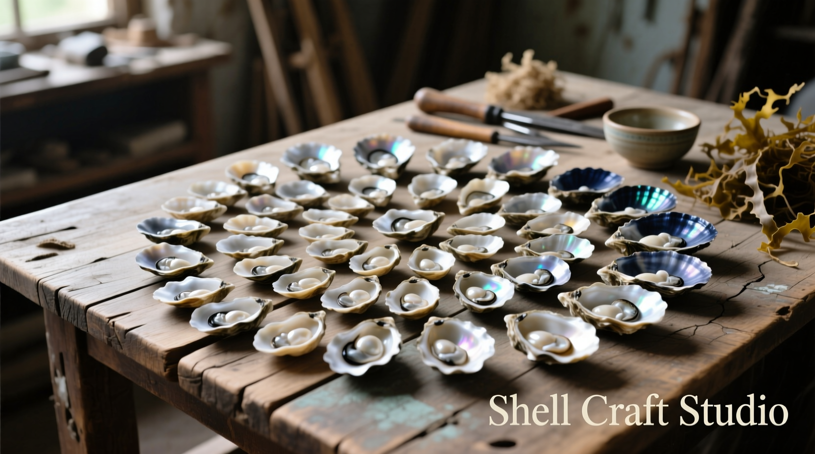 Oyster shells sorted by size on wooden table for crafting