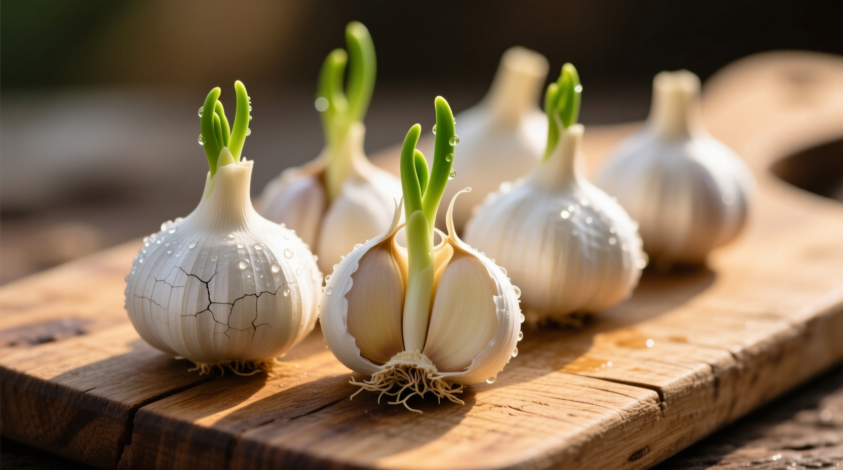 Fresh garlic cloves with sprouting green shoots on wooden cutting board