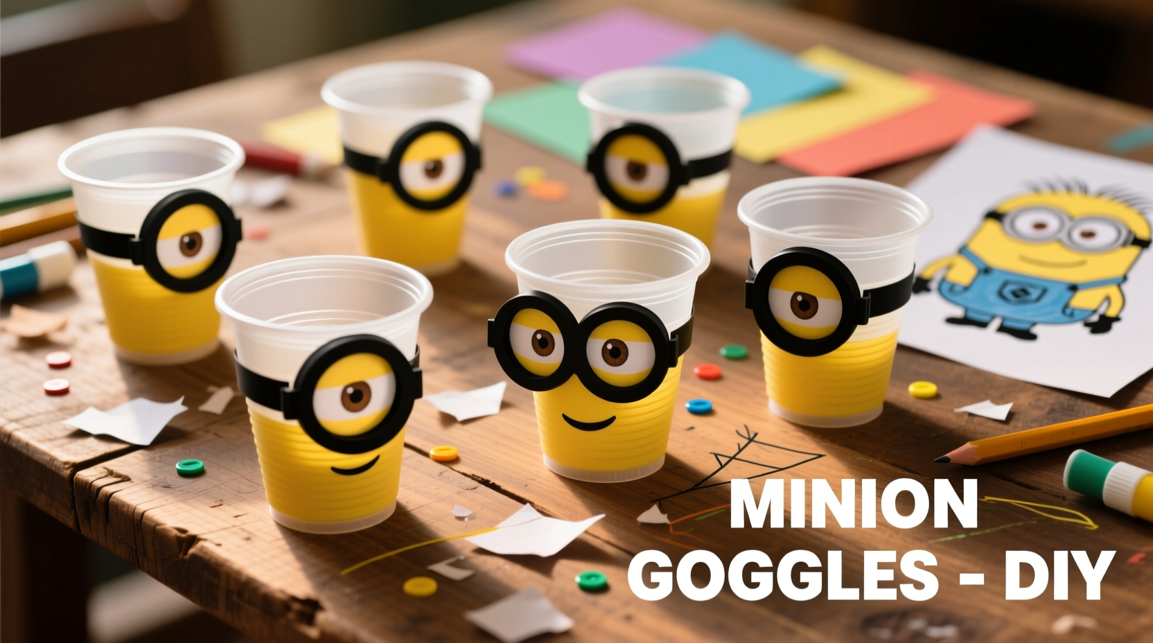 Plastic cups cut into Minion goggle lenses on craft table