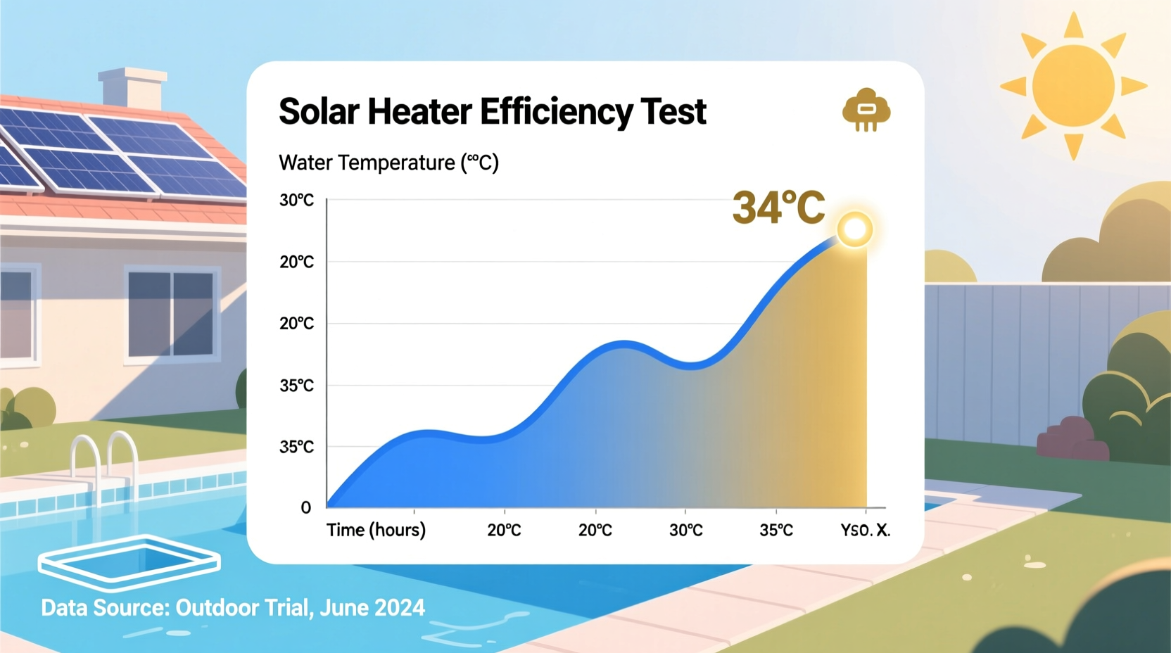 Graph showing pool temperature increase with solar heater