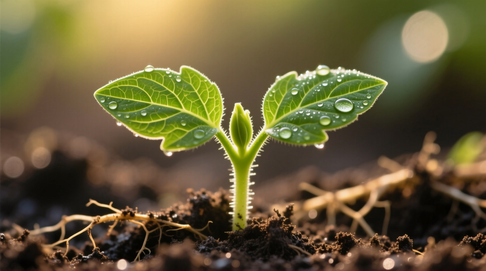 Close-up of tomato sprout with cotyledon leaves