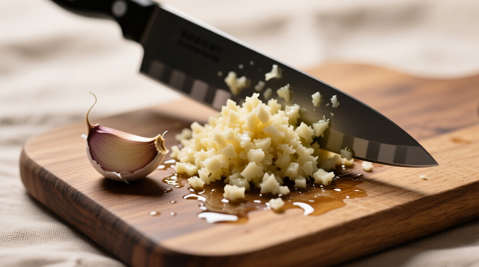 Raw aioli preparation showing fresh minced garlic providing stronger flavor than bottled version requiring adjustment to avoid blandness