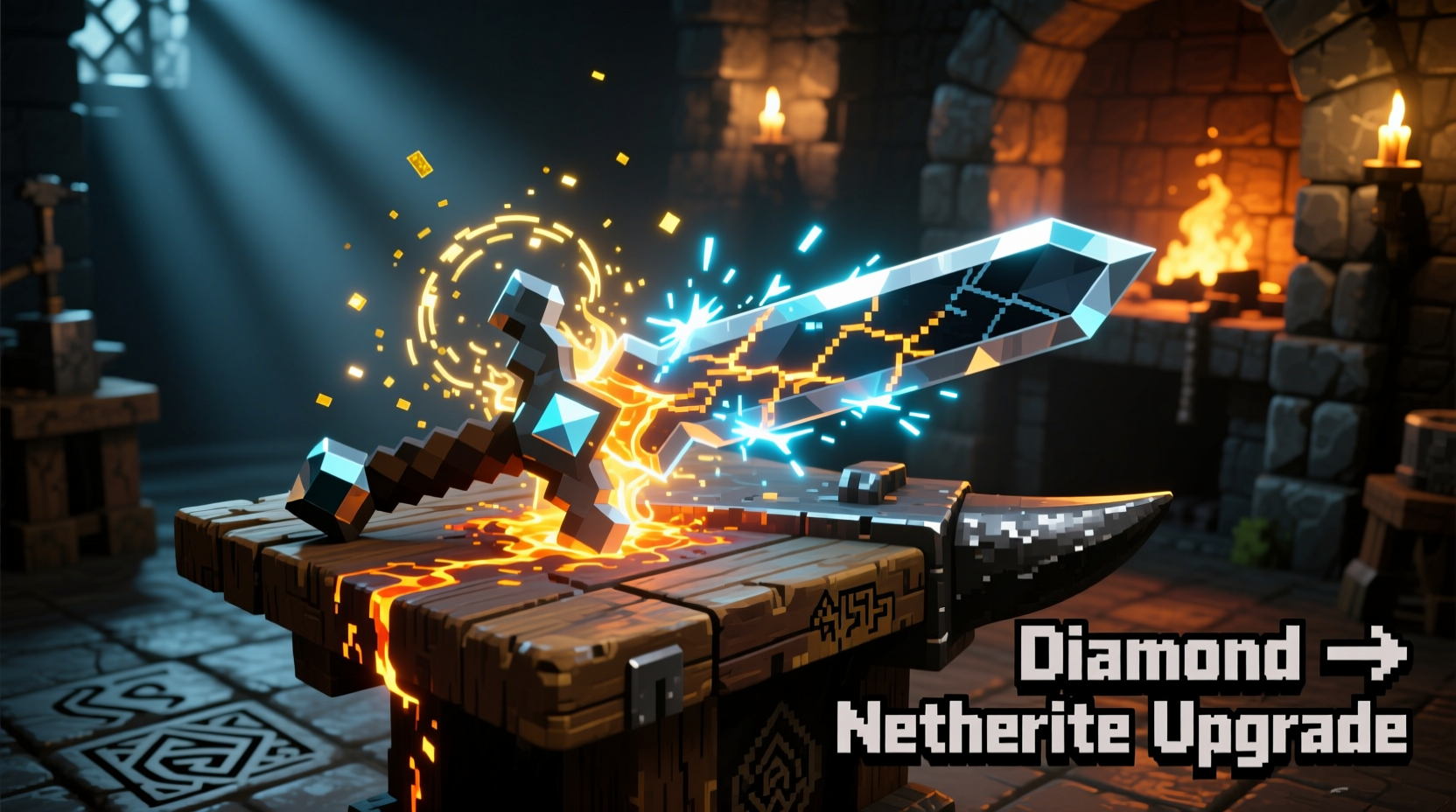 Smithing table upgrading diamond sword to netherite in Minecraft