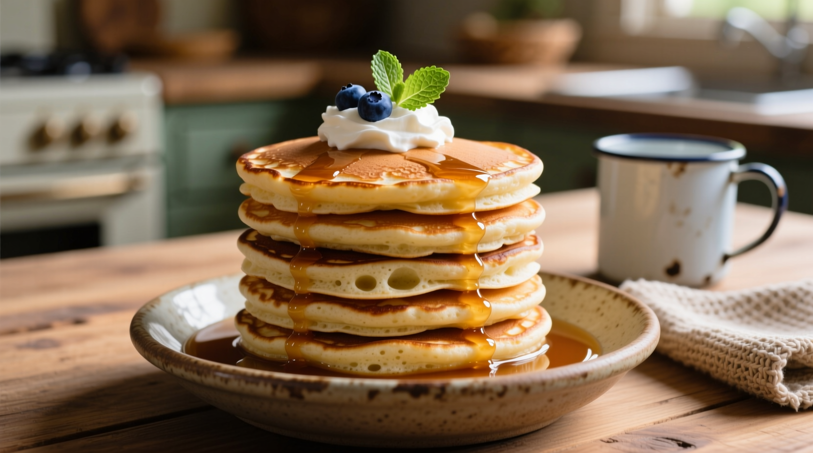 Bowl of fluffy pancakes made with homemade buttermilk