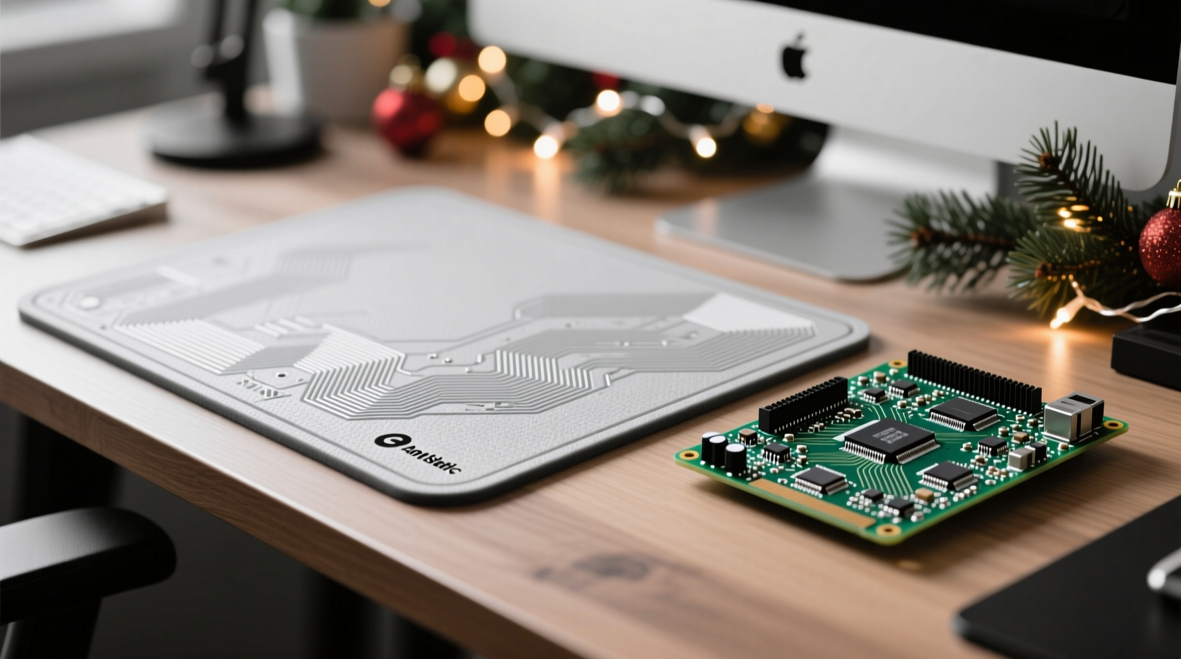 Holiday season engineer workspace showing anti-static mat next to circuit board distinguishing it from generic desk mats preventing ESD damage during electronics assembly