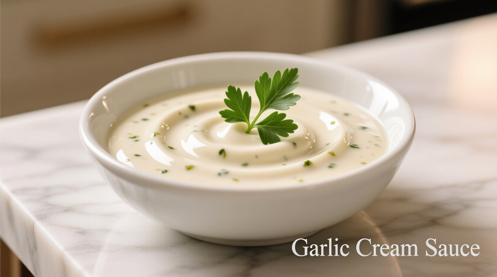 Smooth garlic cream sauce in white bowl