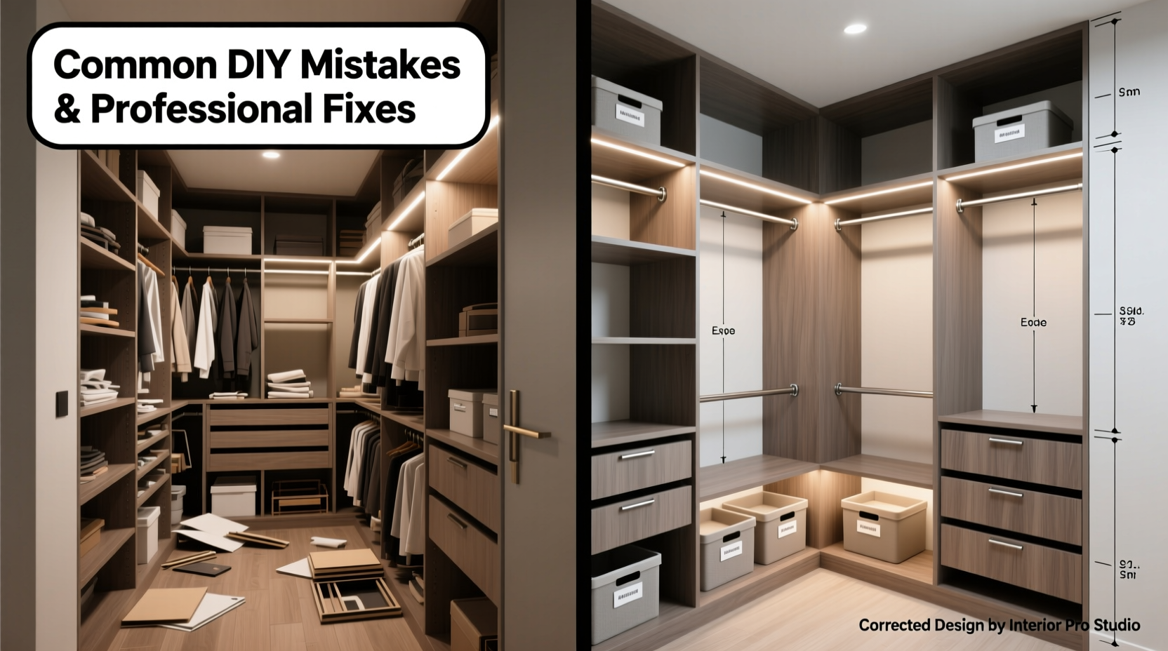 Common DIY built-in closet mistakes with correction examples