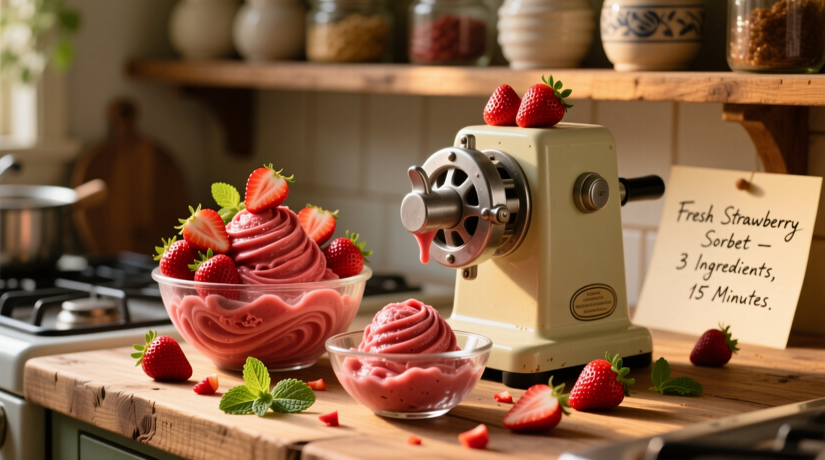 Homemade strawberry sorbet in ice cream maker with fresh fruit garnish