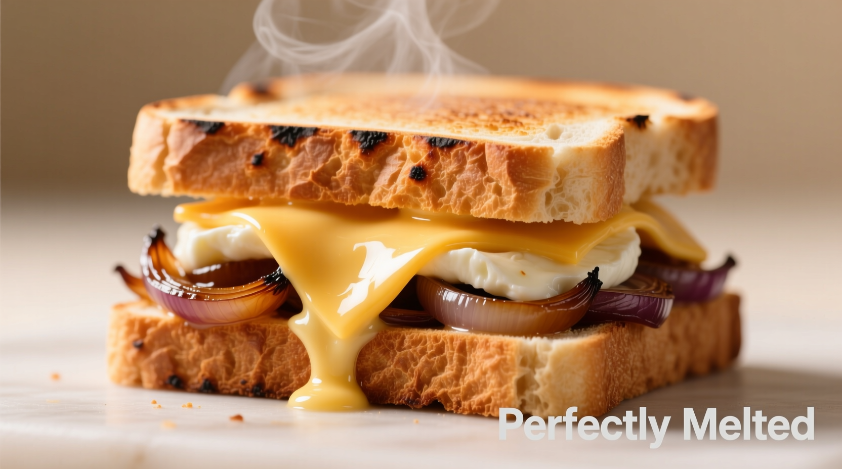 Perfectly melted cheese onion sandwich on toasted bread