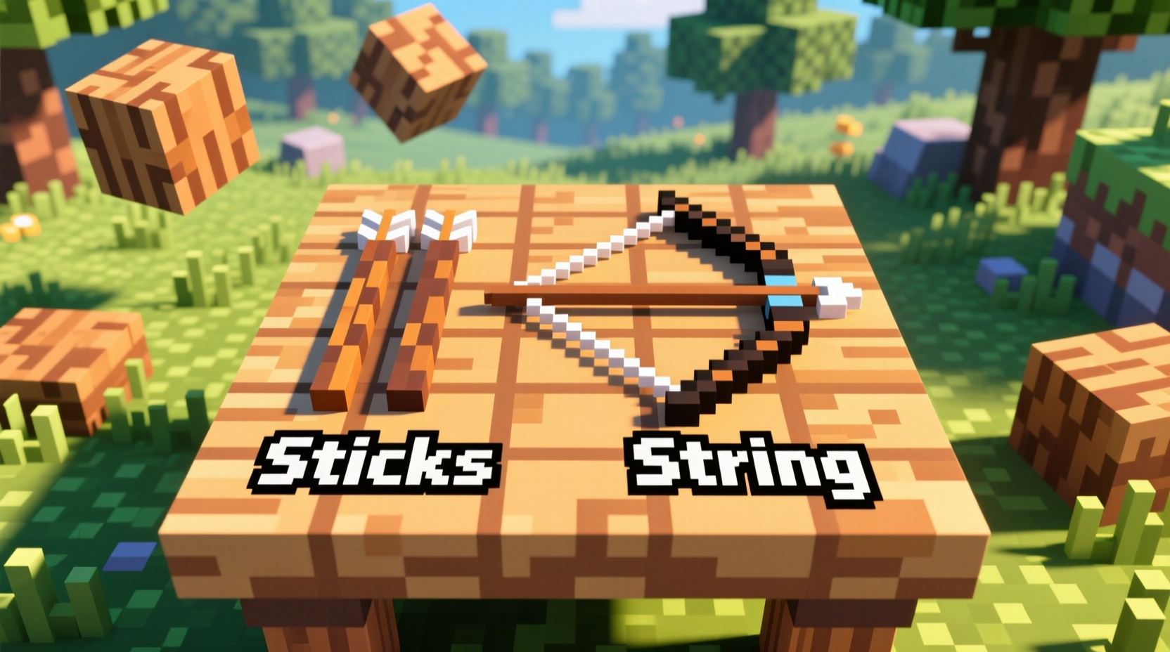 Minecraft bow crafting recipe with sticks and string