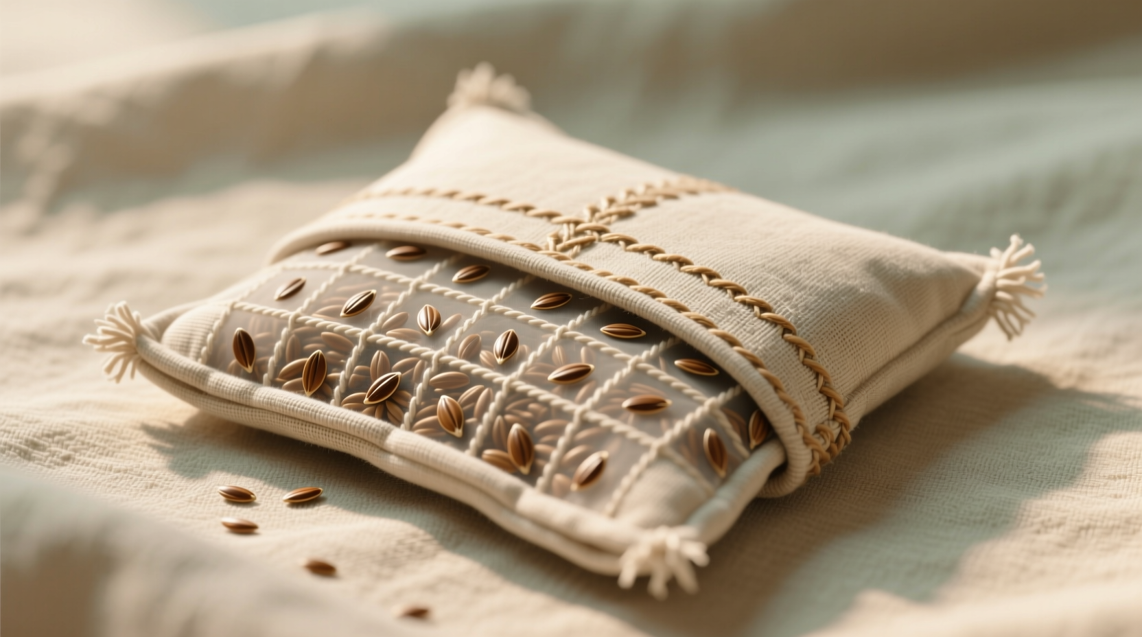 Flaxseed heating pad with linen cover on fabric background