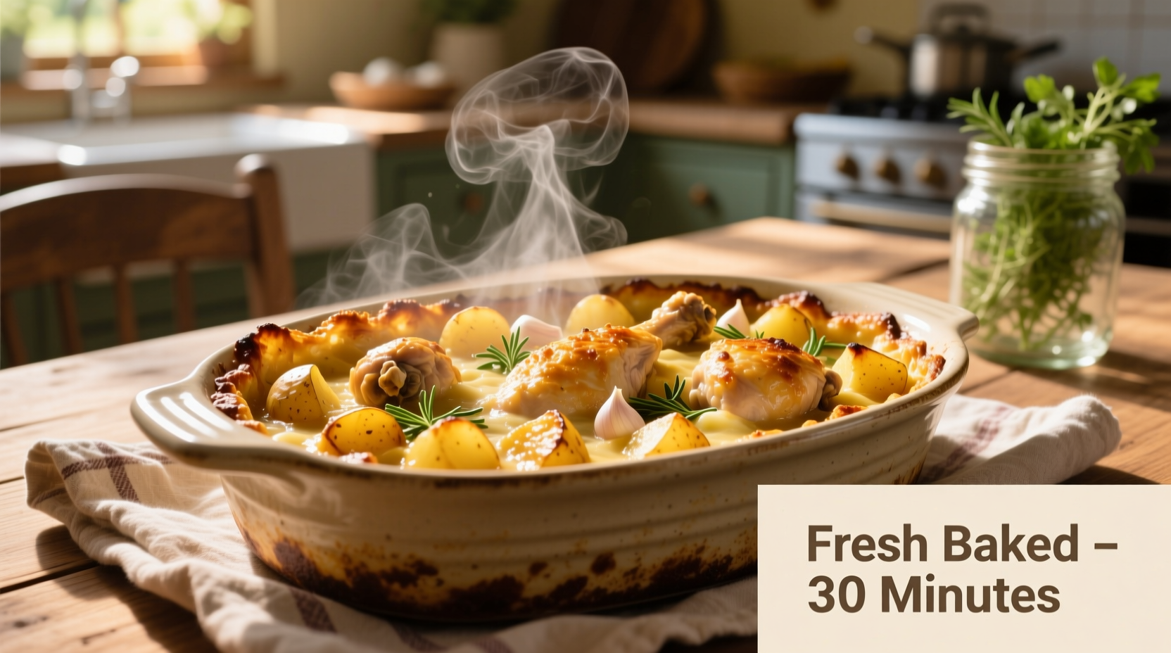 Golden potato and chicken casserole fresh from oven