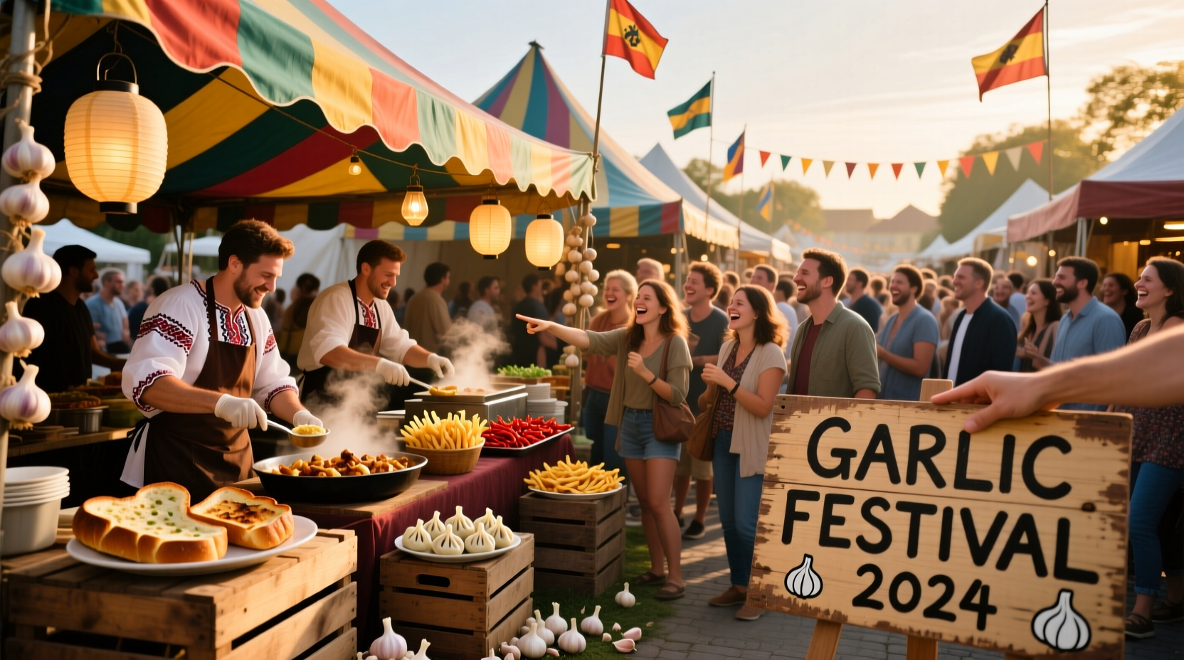 Crowd enjoying garlic festival food stalls with colorful tents
