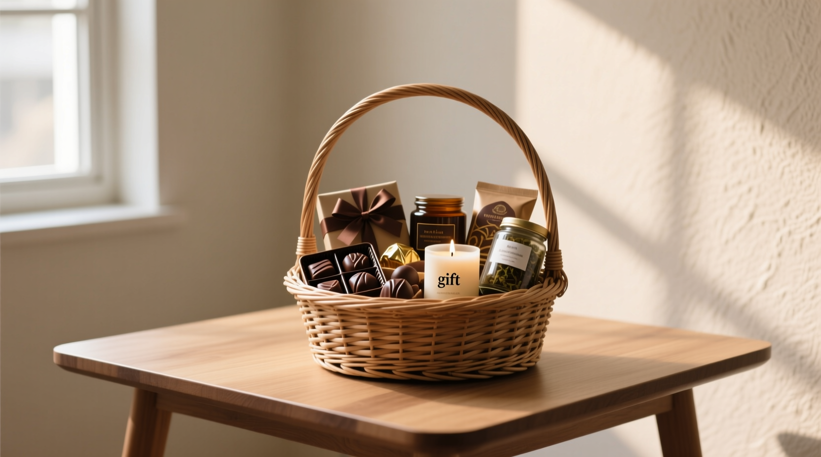 Limited-time context: seasonal gift baskets at checkout distinguishing promotional bundles from standard presents in retail