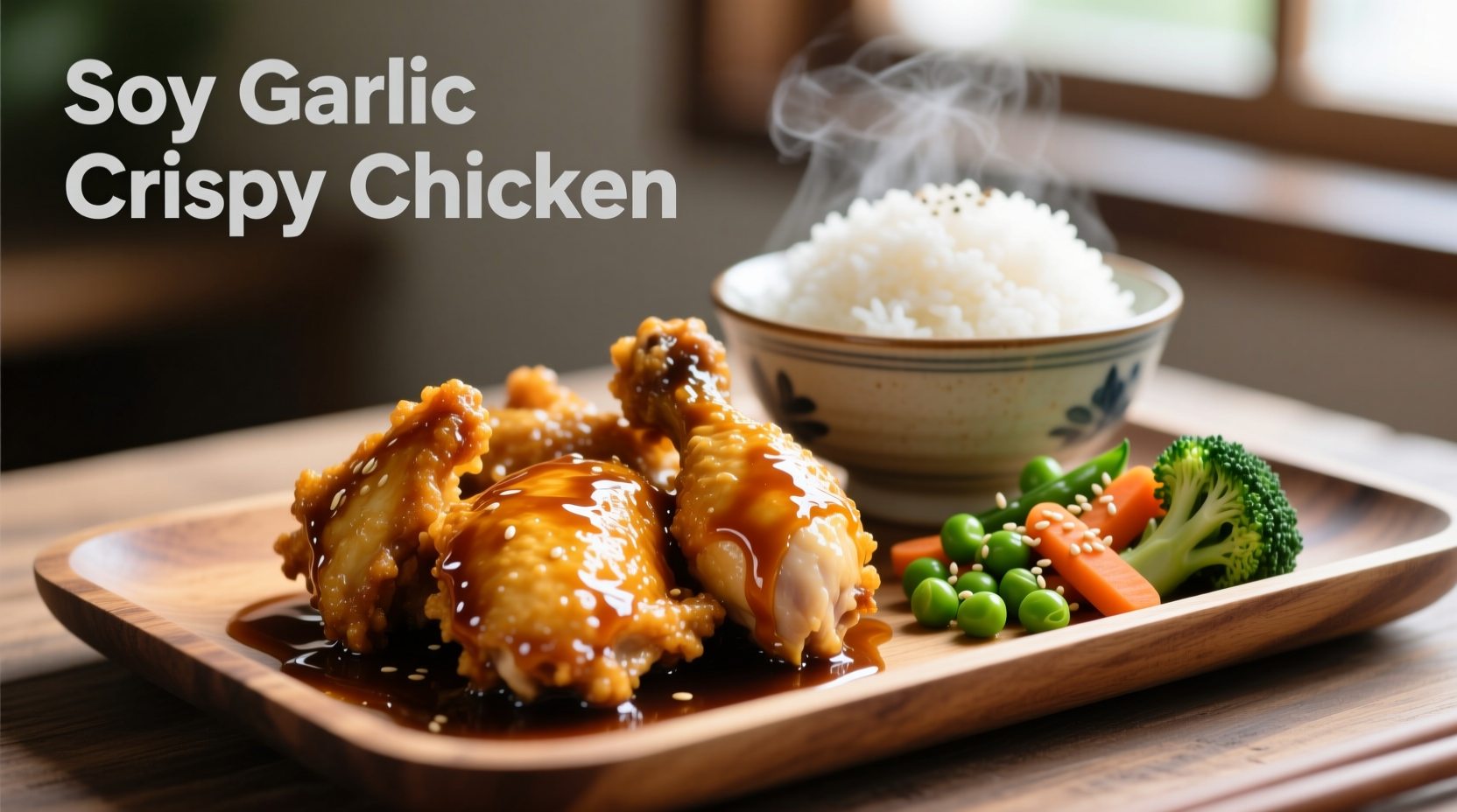 Crispy soy garlic chicken with steamed rice and vegetables
