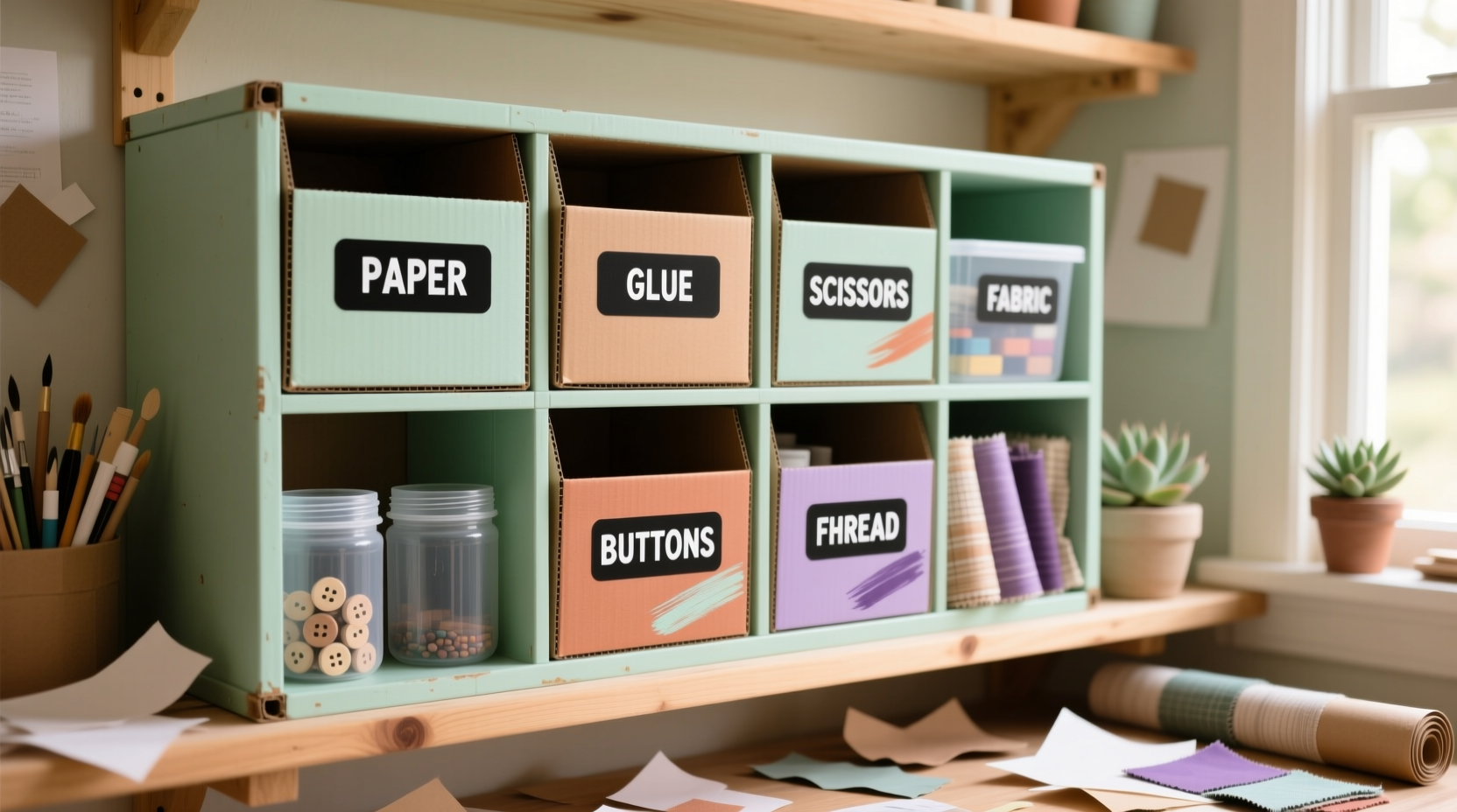 Recycled container craft storage with labeled compartments