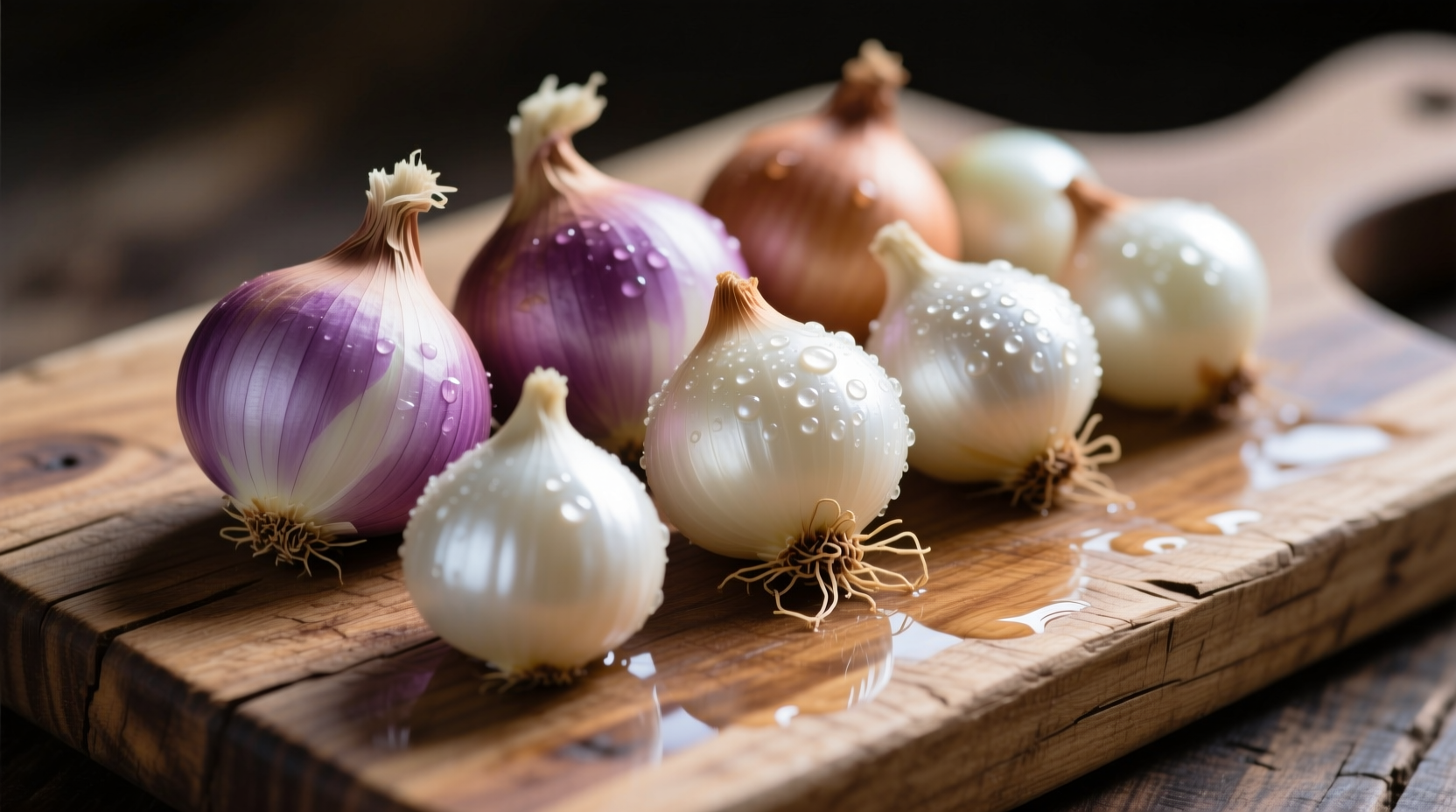 Fresh shallots and pearl onions on wooden cutting board