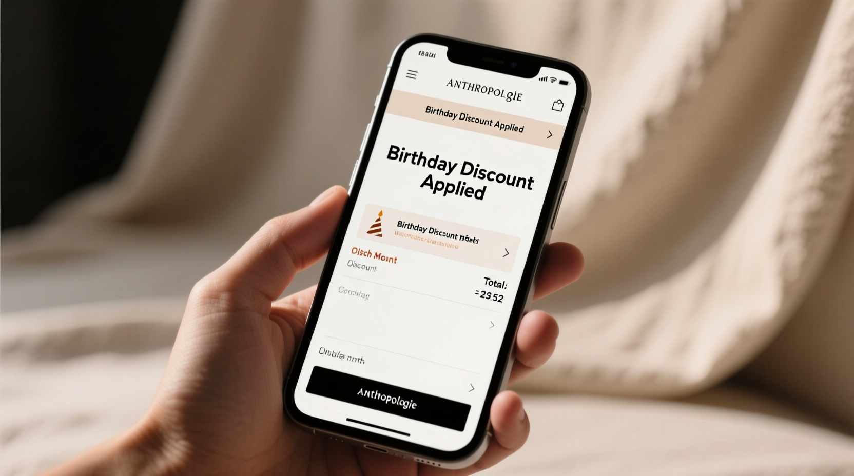 Anthropologie checkout screen showing birthday discount applied during birth month, distinction from regular pricing not available after month-end