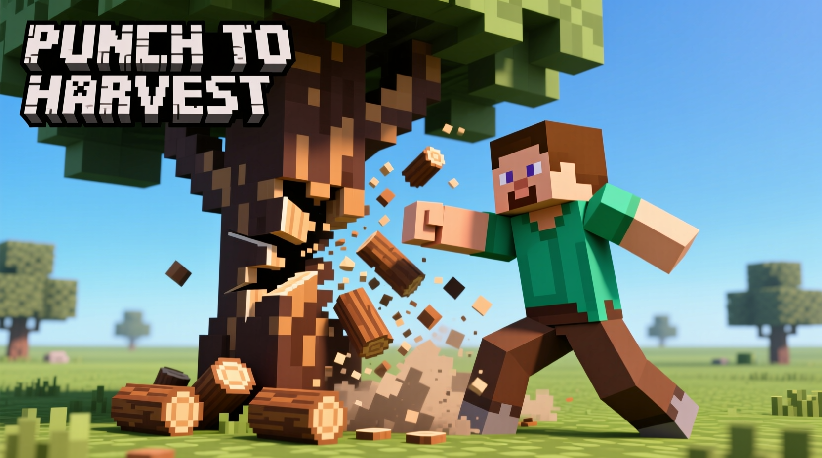 Minecraft player punching oak tree to get wood log