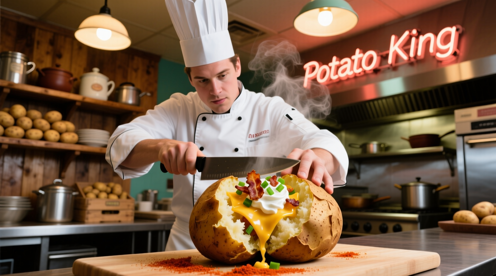 Chef preparing loaded baked potatoes at Potato King