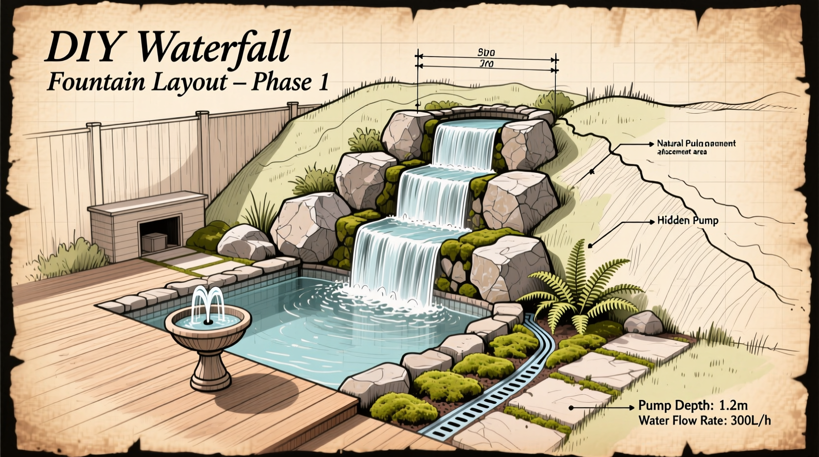 DIY waterfall fountain location planning sketch
