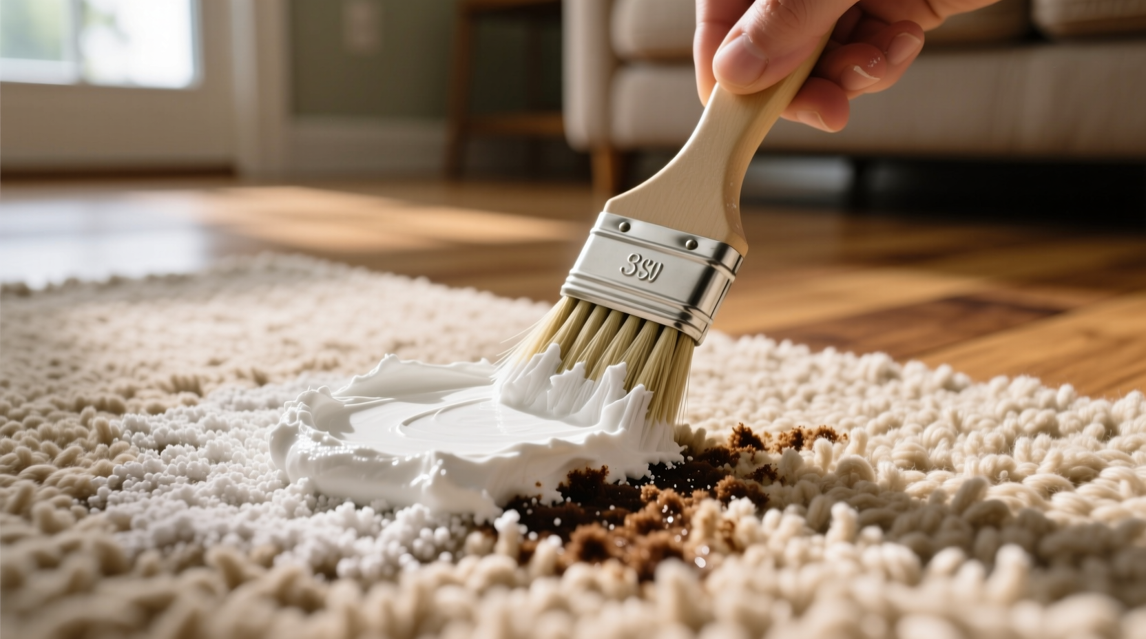 Baking soda paste being applied to carpet stain
