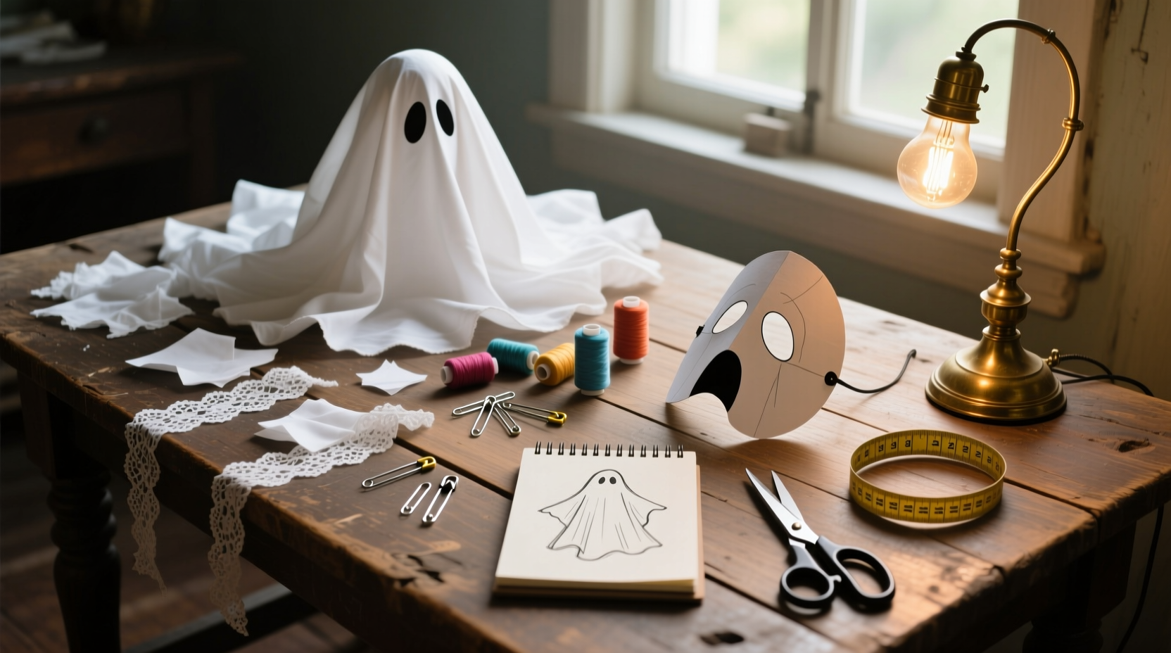 DIY ghost costume materials on wooden table
