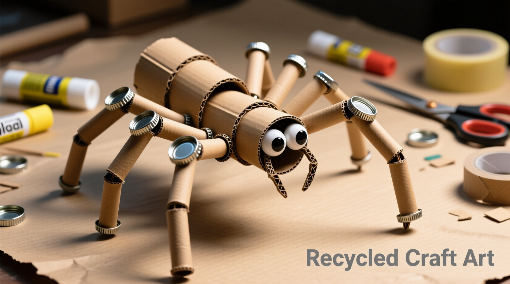 Spider body assembly using cardboard tubes and bottle caps