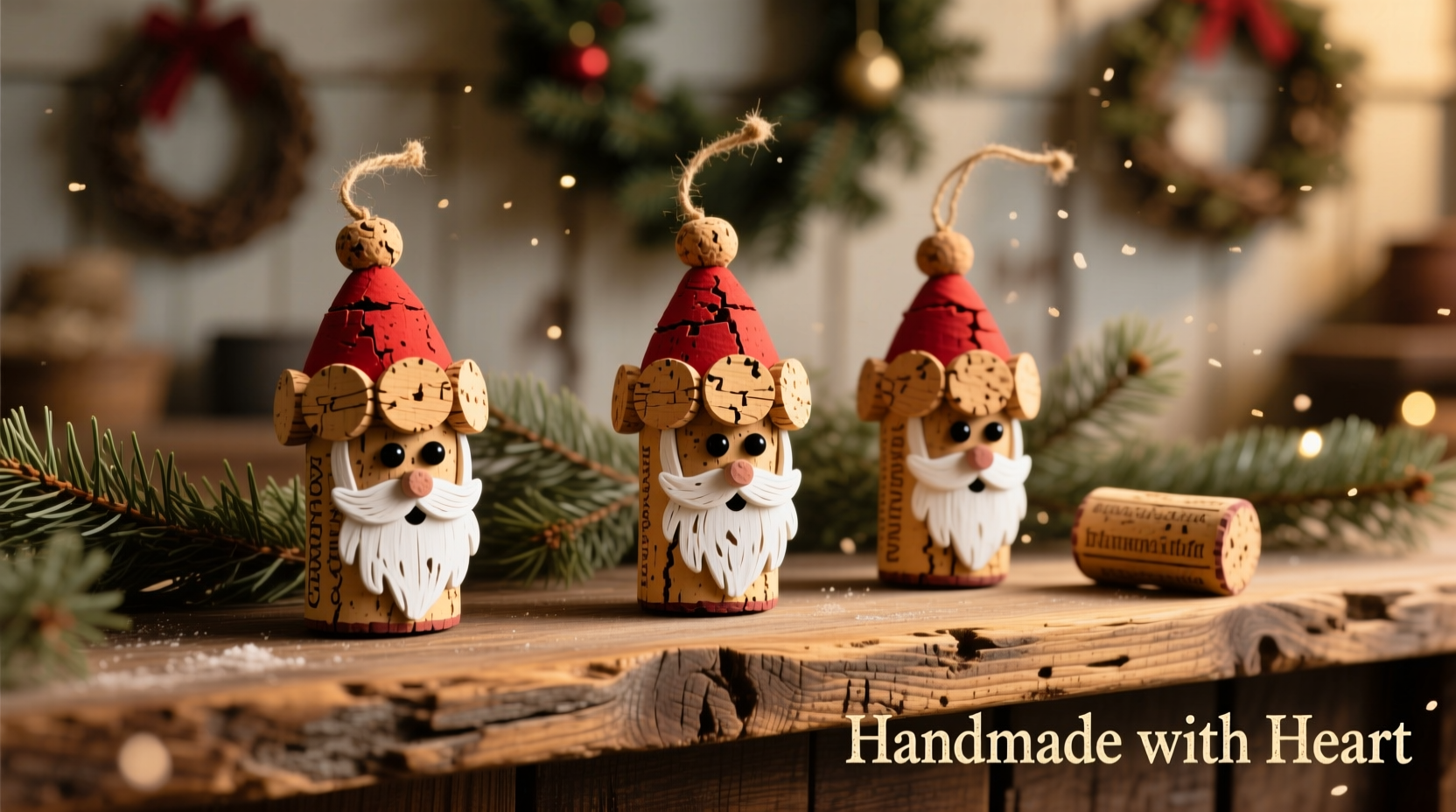 Upcycled wine cork Santa ornaments displayed on rustic wood