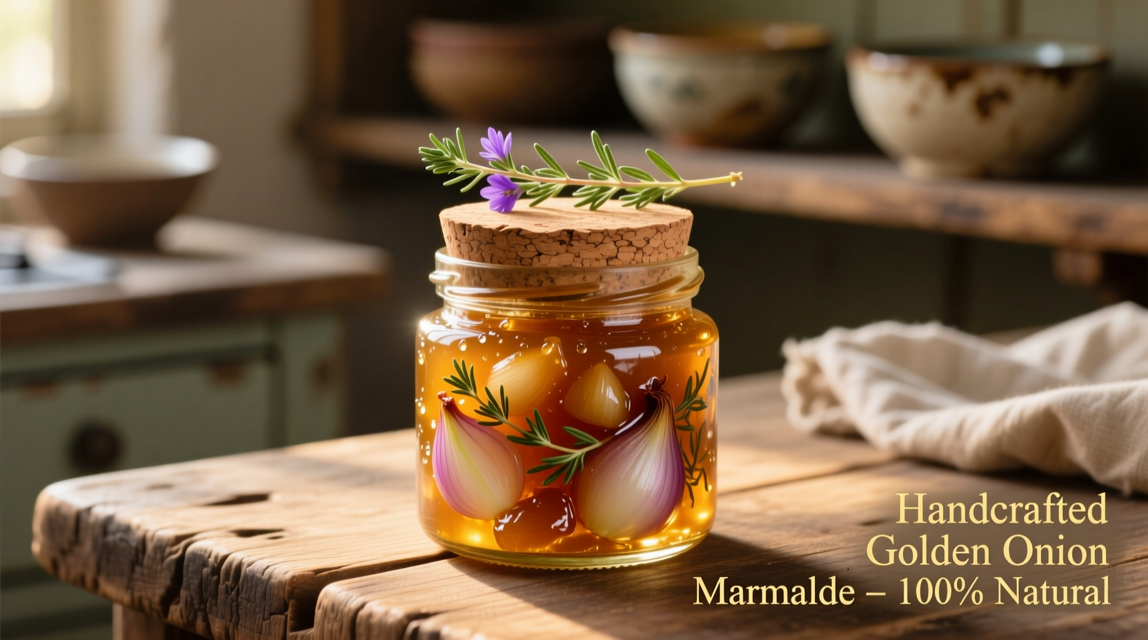 Golden onion marmalade in glass jar with fresh thyme