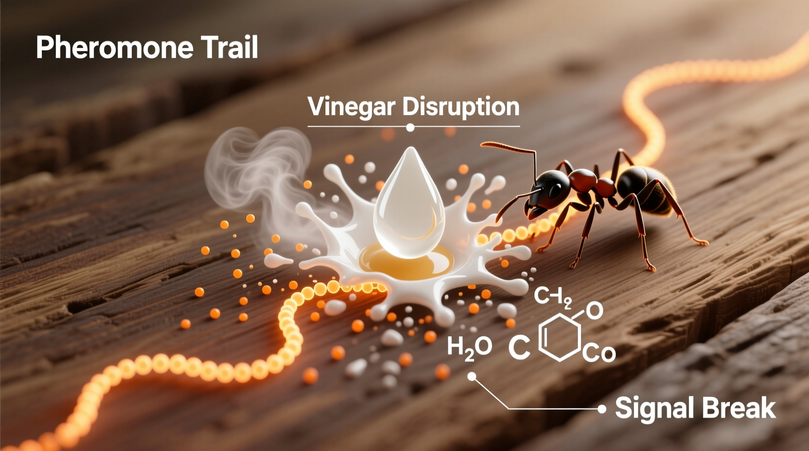 Ant pheromone trail disruption diagram showing vinegar breaking chemical signals