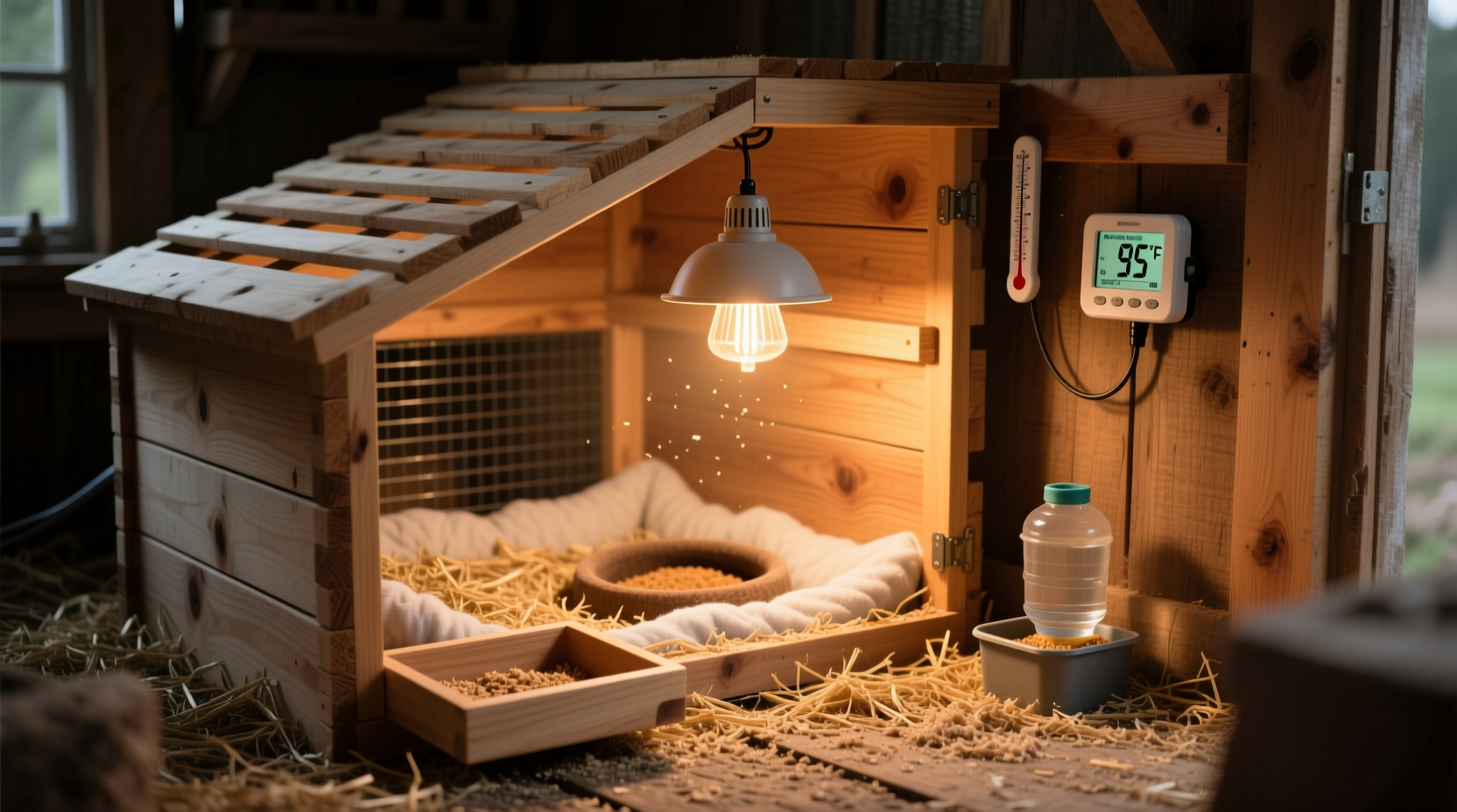 DIY chicken brooder with heat lamp and thermometer