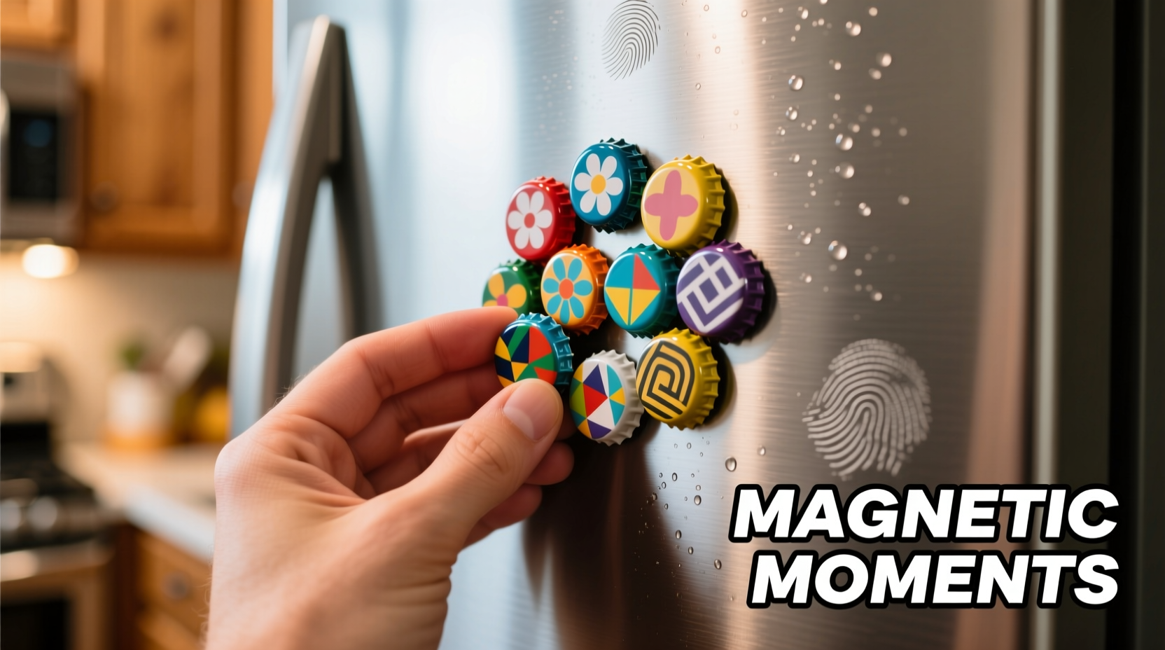 Hand holding colorful bottle cap magnets on refrigerator