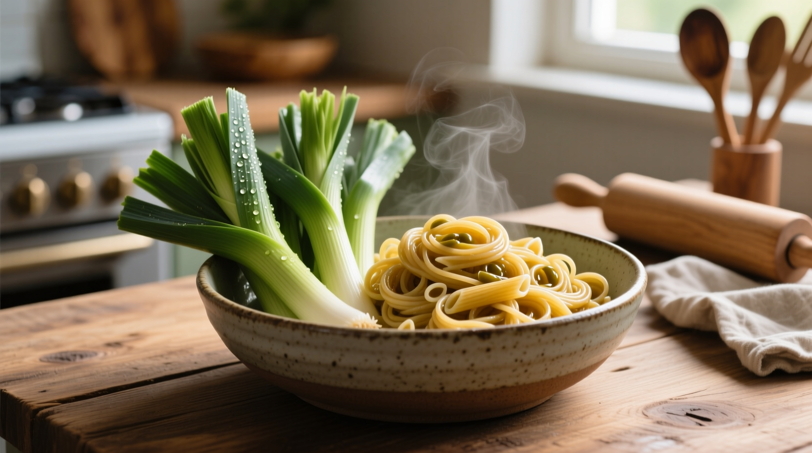 Fresh leeks and cooked pasta in ceramic bowl